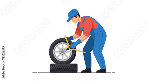 Mechanic Tightening Lug Nuts on a Car Wheel with Wrench Auto Repair Service Truck Tire Maintenance Illustration
