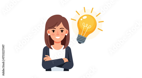 Woman Business Professional Having a Bright Idea Light Bulb Icon Symbolizing Innovation and Creativity