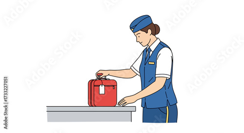Professional Flight Attendant Attaches Luggage Tag to Red Suitcase on Airport Baggage Carousel Assistance