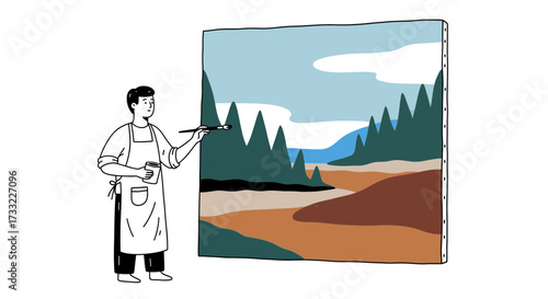 Artist Painting a Landscape Scene on a Large Canvas Creative Process Art Studio Illustration