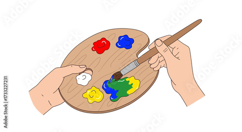Artist s Hands Mixing Colorful Paints on a Wooden Palette with Brush Creative Art Concept