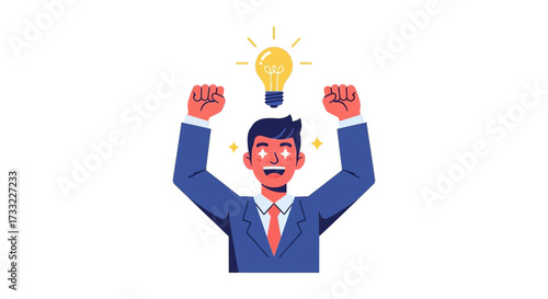 Businessman Celebrating Eureka Moment With Bright Lightbulb Idea Symbol Above Head