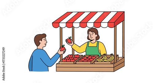 Smiling Woman Farmer Selling Fresh Red Apples and Bananas at Outdoor Market Stall