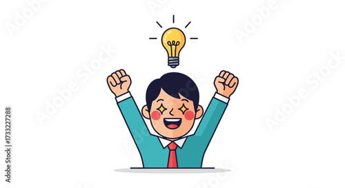 Excited Businessman Celebrating a Brilliant Idea with a Glowing Lightbulb Above His Head