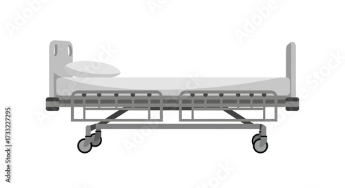 Modern Hospital Bed with Wheels and Pillow on White Background