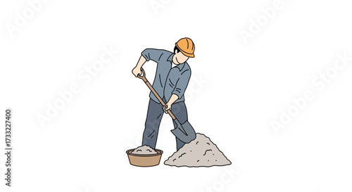 Construction Worker Mixing Cement with Shovel in Basket on White Background Illustrative Vector