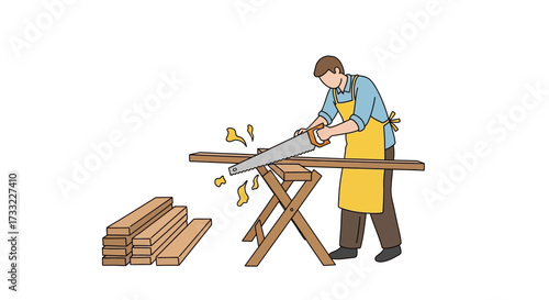 Craftsman Sawing Wood Boards on Sawhorse DIY Home Improvement Carpentry Project Illustration