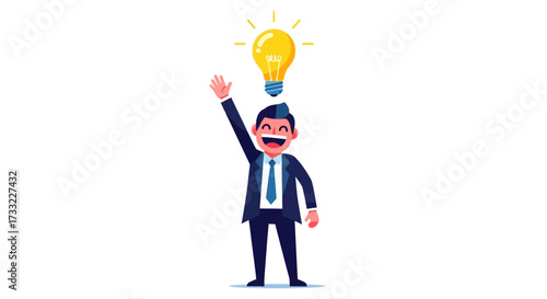 Businessman celebrating a brilliant idea with a glowing lightbulb above his head symbolizing innovation and success
