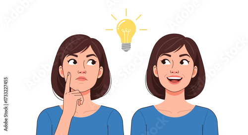 Woman with Idea Transformation from Confusion to Clarity with a Bright Lightbulb Moment Concept