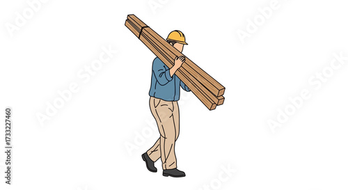 Construction Worker Carrying Lumber On Shoulder Building Material Transport Hard Hat Safety