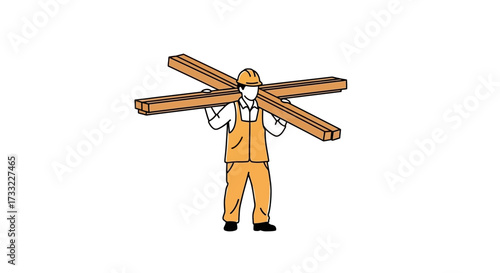 Construction worker in hard hat and safety vest carrying wooden planks on shoulders illustration for building carpentry DIY projects and manual labor concepts