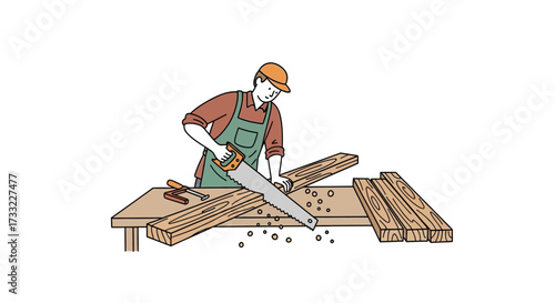 Skilled Carpenter Sawing Wood Planks on Table with Tools DIY Construction Craftsmanship Illustration