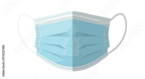 Close up Front View of a Light Blue Disposable Medical Face Mask Isolated on White Background