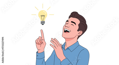 Man Laughing with Light Bulb Idea Symbol Above Head Concept of Innovation Inspiration and Bright Solution