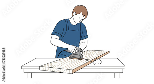 Craftsman Sanding Wood with Electric Sander on Table DIY Home Improvement Woodworking Project Detailed Surface Preparation