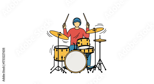 Energetic Drummer Performing on Drum Kit with Drumsticks Dynamic Music Illustration