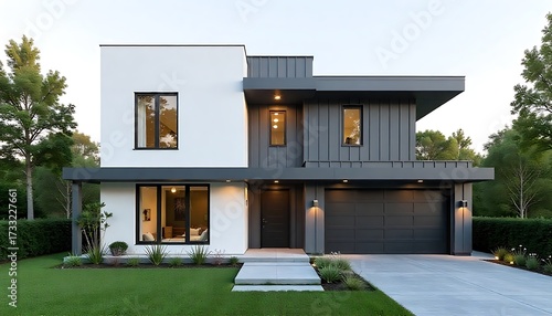 a modern house with white walls and dark gray metal sheet cladding, created with generative ai