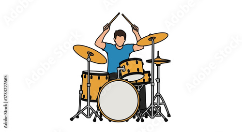 Energetic Musician Playing Drum Set with Drumsticks Rock Band Performance Rhythmic Beat Concept