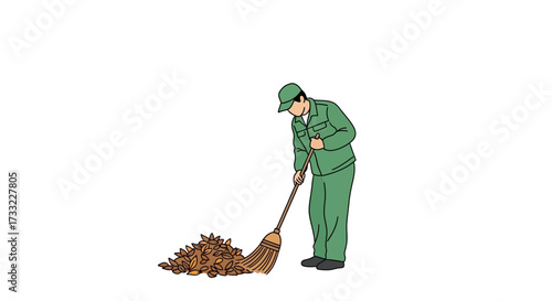 Custodian Sweeping a Pile of Dry Leaves in Autumn or Fall Season Seasonal Cleanup Work Professional Maintenance Outdoor Chore Garden Sanitation Vector Illustration