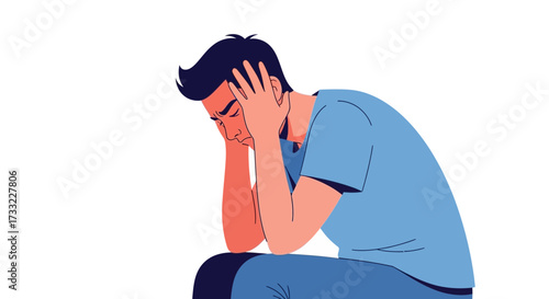 Young Man Sitting with Head in Hands Feeling Stressed Anxious Depressed and Overwhelmed Vector Illustration