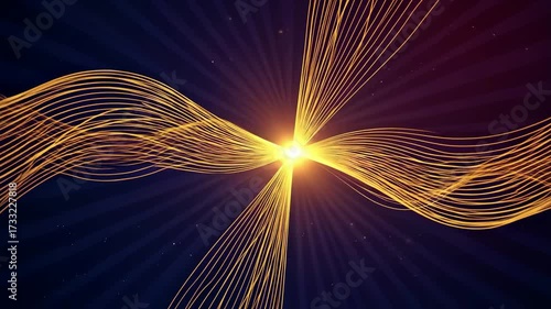 Golden energy waves radiating from bright light source on dark background with subtle particles