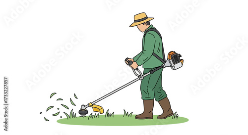 Gardener in Green Overalls Using Weed Trimmer in a Lush Garden