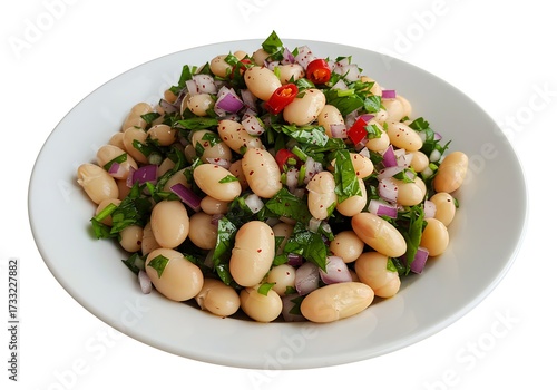 Delicious and healthy white bean salad with fresh herbs and red onion served on a white plate