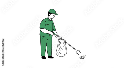Illustrative Image Janitor or Sanitation Worker in Green Uniform Cleaning Up Litter with Tongs and Trash Bag Promoting Environmental Responsibility