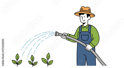Happy Farmer Watering Young Plants with Hose Agricultural Illustration for Organic Farming Concepts