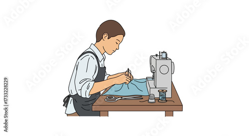 Young tailor skillfully sewing fabric on a sewing machine at a wooden table
