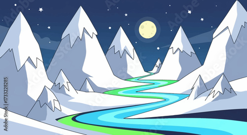 Winding River Through Snowy Mountains at Night.