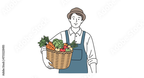 Smiling Farmer Holding Basket Full of Freshly Harvested Organic Vegetables Sustainable Agriculture and Healthy Food Concept Illustration
