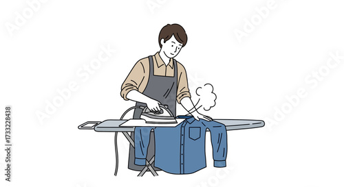 Man Wearing Apron Ironing Blue Shirt on Ironing Board with Steam Household Chore Illustration