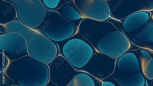 Abstract organic fluid shapes flowing with glowing golden light lines on dark blue background