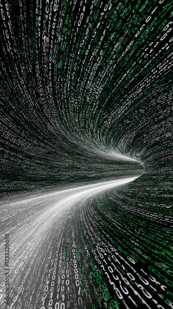 Obraz premium 3D illustration of binary data streaming along a futuristic digital road. Abstract concept of technology, coding, and information transfer in cyberspace with glowing lines and matrix-inspired design.