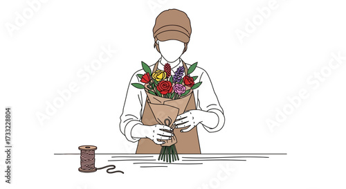 Skilled Florist Arranging a Beautiful Bouquet of Fresh Flowers Wrapped in Kraft Paper Ready for Gifting Lifestyle Illustration