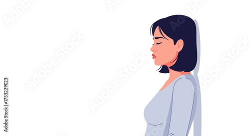 A young woman in contemplation leaning against a plain white wall, ideal for mental health awareness campaigns and illustrating feelings of sadness and introspection
