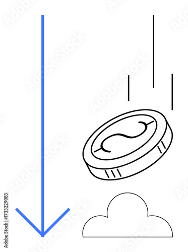Coin descending with downward arrow and a cloud. Ideal for finance, economy, savings, risk, business, crisis, recession themes. Minimalist design as a simple flat metaphor