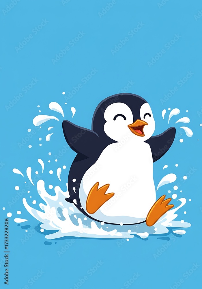 Fototapeta premium Cheerful Penguin Cartoon Character Splashing in Water with Happy Expression and Fun Vibe