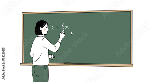 Illustrated female teacher writing an equation on a green chalkboard in a classroom, ideal for educational materials and teaching resources