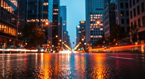 Vibrant City Street at Night with Bokeh Lights and Rain Reflections