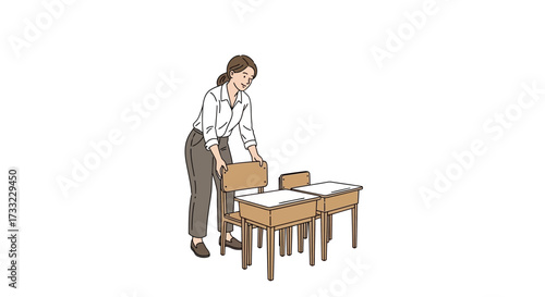 Illustration of a female teacher arranging school desks and chairs in an empty classroom, preparing for students and creating an organized learning environment