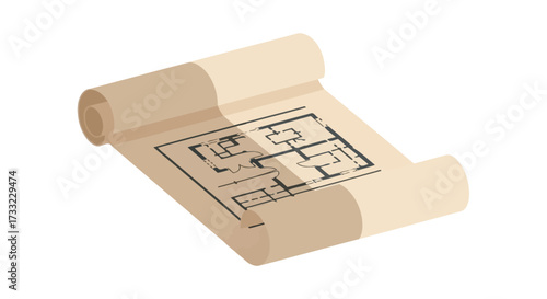 An architectural blueprint design unfolds on aged parchment, displaying a detailed floor plan for construction and interior design projects, perfect for design inspiration