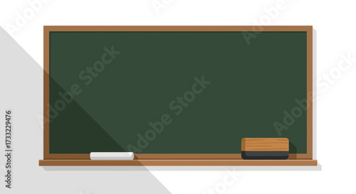 A vector graphic of a vintage green chalkboard with a piece of chalk and eraser for educational presentations, classroom materials, and creative design projects
