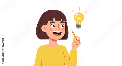 An illustration of a woman with an idea, holding a pencil, and a glowing lightbulb representing creativity and problem-solving in business or education