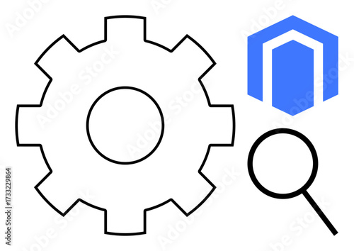 Large gear, magnifying glass, and blue shield shape suggest processes, search, protection, and optimization. Ideal for cybersecurity, technology, software engineering e-commerce risk management