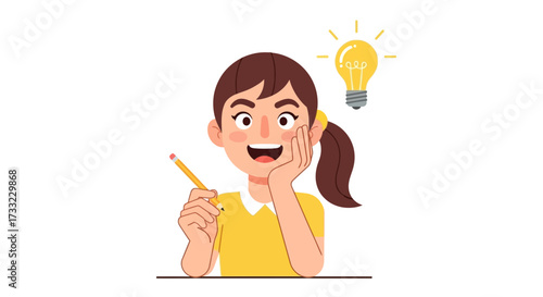 Cartoon depiction of a young woman with a pencil having an idea, represented by a glowing lightbulb, symbolizing creativity, inspiration, and problem-solving for various educational materials