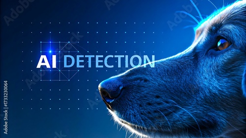 Artificial intelligence detection technology concept with dog face and digital blue background
