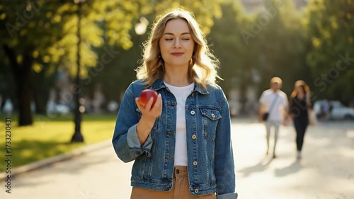 Smiling woman enjoying a fresh red apple in a sunny park, embodying health, well-being, and natural joy outdoors