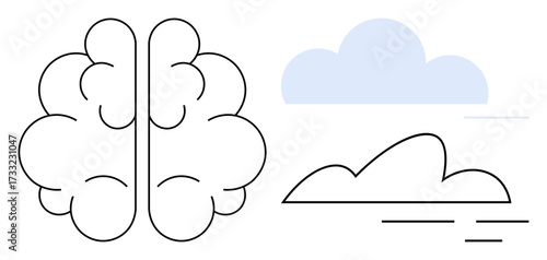 Minimalist brain outline alongside abstract clouds evokes conceptual thinking, creativity, innovation, and ideas. Ideal for psychology, brainstorming, imagination, education, planning mental health